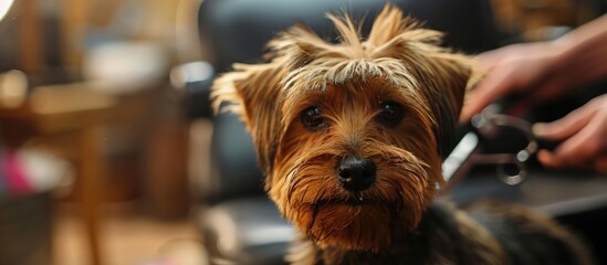 The timid terrier puppy's fear of dog grooming became evident as it hilariously trembled and cowered in the pet hair salon, petrified of the groomer wielding a pair of scissors.