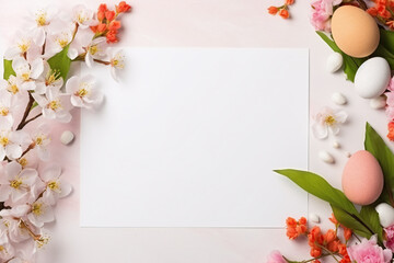 Fototapeta na wymiar Kreatives flaches Ostergelege/Frühlingsgelege mit Blumen und einem weißem, leern Blatt Papier