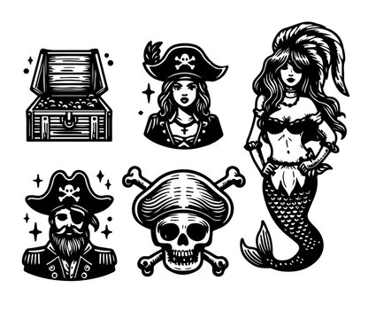 pirate icon vector set black and white
