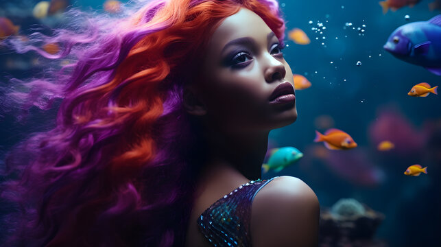Close up photo of real black mermaid with purple red hair swimming underwater near coral reef with colorful fish, fantasy