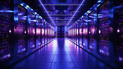 Fototapeta premium A modern high-tech data center with several rows of working servers in one room. Big data. Generative AI