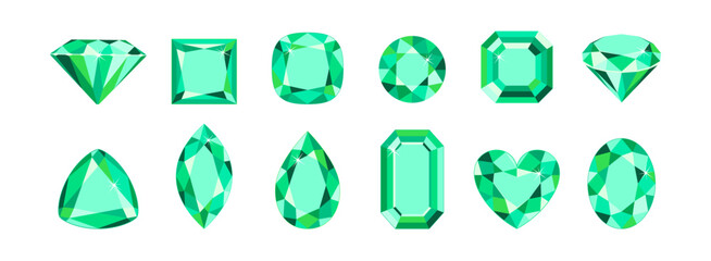 Green gemstones of different shapes isolated on white background. Emerald crystals set. Vector cartoon flat illustration. © Sunnydream