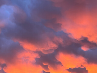 Orange puffy clouds against a blue background