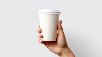 Female hand holding empty white blank paper cup of coffee with a cap. Isolated on white background with copy space.