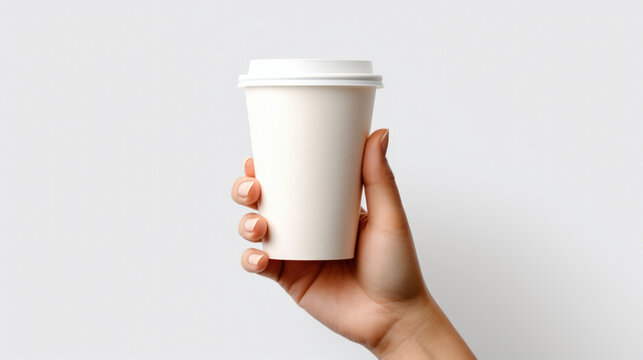 Female hand holding empty white blank paper cup of coffee with a cap. Isolated on white background with copy space.