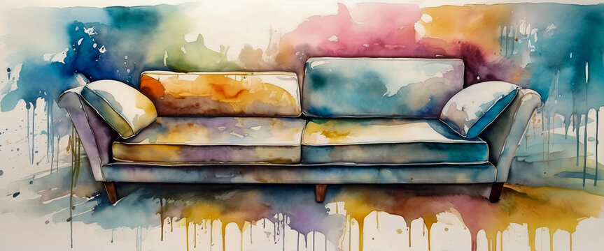 Two-seater sofa isolated on a white background. Traces of paint that spread and flowed. Illustration in watercolor style.