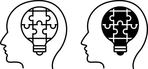 Solutions Icons. Vector Icon of a Light Bulb in the Form of a Puzzle and a Human Head. Business and Teamwork Concept