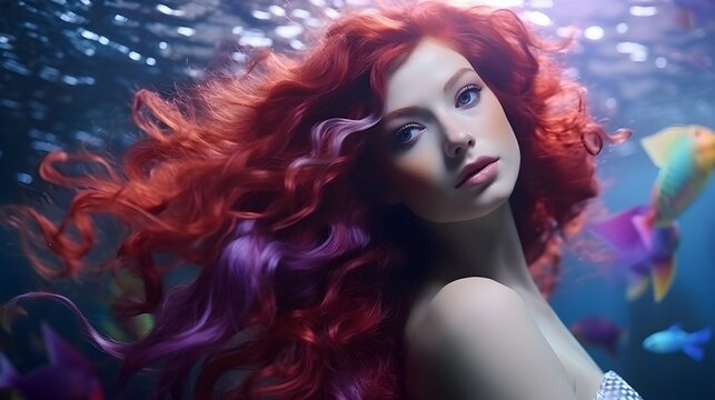 Close up photo of real  mermaid with purple red hair swimming underwater near coral reef with colorful fish, fantasy