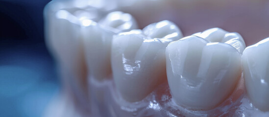 primer plano de prótesis dental sobre fondo desenfocado azul bokeh  - obrazy, fototapety, plakaty