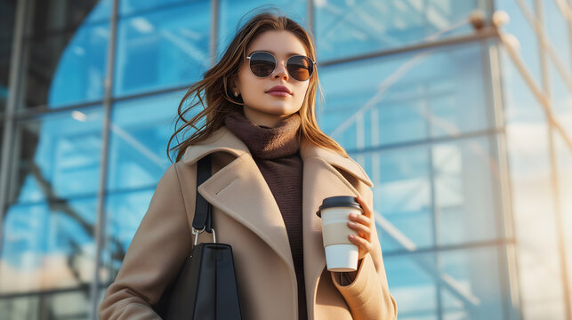 Beautiful Woman Going To Work With Coffee Walking Near Office Building. Portrait Of Successful Business Woman Holding Cup Of Hot Drink In Hand On Her Way To Work On City Street
