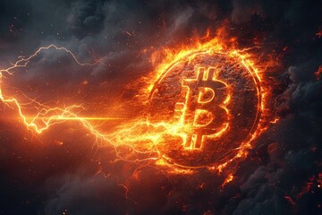 An artistic depiction of a Bitcoin being struck by lightning, symbolizing the power and volatility of cryptocurrency