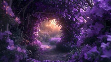 A magical pathway framed by lush purple flowers leading to a warm, inviting light.