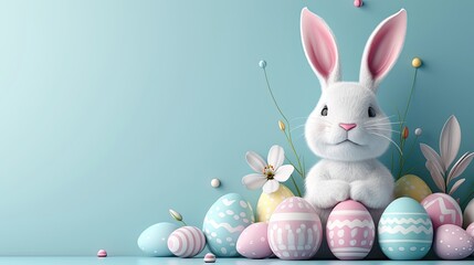 Happy easter bunny with colorful easter eggs on a blue background