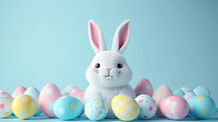 Happy easter bunny with colorful easter eggs on a blue background