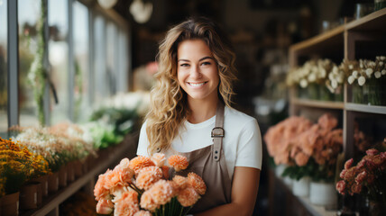Person, cute woman in a supermarket. Cheerful young confident florist working at flower shop. Happy lifestyle. Holiday concept - obrazy, fototapety, plakaty