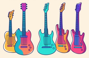 Naklejka premium watercolor hand painted multicolored electric guitars in a raw on white background. stylish brushed illustration