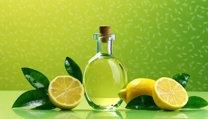 Lemon product presentation with unlabeled glass bottle on green background decorated with glass ball and fresh lemon, Copy space, Mockup image 