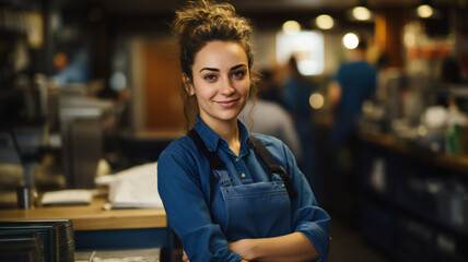 Portrait of confident young supermarket woman, clerk standing at counter. Bakery. Grocery store. Business, shopping concept