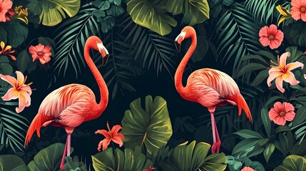 A vibrant illustration of a pink flamingo surrounded by lush tropical foliage and bright flowers.