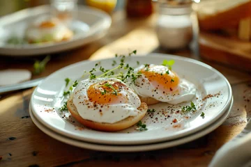 Poster close up of fried eggs with yolk on a plate with spring onions for healthy food breakfast, brunch in scandinavian minimalist food design magazine editorial look © MaryAnn