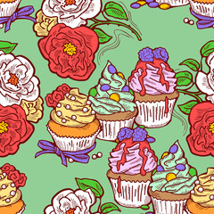Tasty sweet cupcake dessert decorative seamless pattern for textile design, fabric print, digital or wrapping paper, wallpaper, background and backdrop, bakery shop decoration, cafe, restaurant menu.