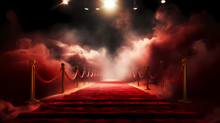 Luxurious and elegant red carpet staircase, holiday awards ceremony event - obrazy, fototapety, plakaty