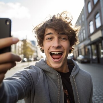 Handsome young man taking selfie indoor Smiling guy looking at camera People, technology and happy lifestyle concept