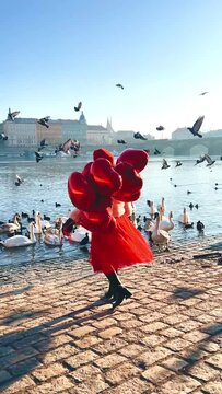Girl with heart balloons, Valentine's day, swans on the river