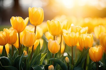 Sunshine yellow tulip field, Generative AI