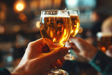 Hand holding glass of blond beer, beer tasting, brewery, people cheering, cheers, spending a moment together with friends, party, happy moment, nightclub, restaurant, cheering, family - obrazy, fototapety, plakaty
