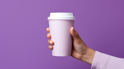Female hand holding empty white blank paper cup of coffee with a cap. Isolated on violet background with copy space