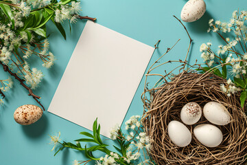 Kreatives flaches Ostergelege/Frühlingsgelege mit Blumen und einem weißem, leern Blatt Papier