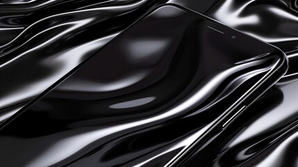 Silk waves mimicking the sleek surface of a smartphone, in glossy blacks and silvers, with subtle hints of digital icons.