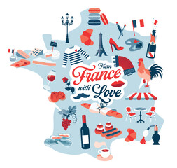 From France with love, french Symbols on a map. Blue and red pictograms in a flat design. Vector illustrations on a white background. Culture, art, food, cheese and wine and champagne - obrazy, fototapety, plakaty