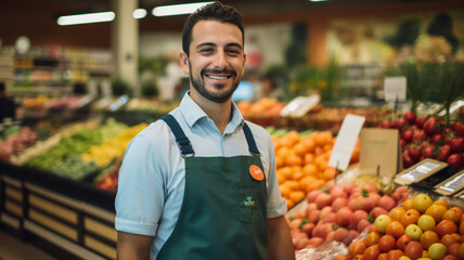Portrait of confident young supermarket clerk standing At counter. Grocery store. Business, shopping concept