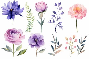 Fototapeta na wymiar Watercolor flowers illustration. Suitable for wedding themes, invitations, decor, and printing. Generative AI