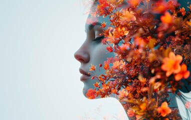 Abstract double exposure portrait of beautiful young woman face with flowers. Visual digital art. Double exposure effects.