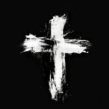 Rough hand drawn white and black cross symbol with visible brush strokes on a solid black background. AI generated