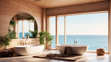 Beautiful bathroom in cosy interior with big window with sea view, cosy atmosphere, sunlight, natural colours, photorealistic