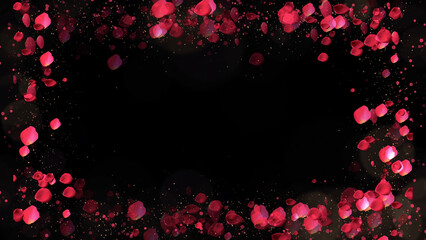 Rose petals frame with lights and particles on background