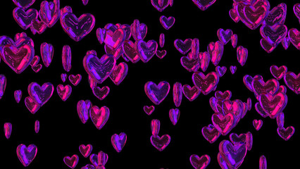 Valentines Day diamond hearts falling and spinning on black