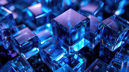 3d abstract blue cubes on black background, blue and blue glass cubes, blue cubic shaped squares on a black background