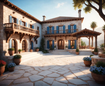 The image showcases a beautiful, traditional-style house with a well-maintained courtyard. The architecture features white walls, wooden doors and windows, and a tiled roof.
