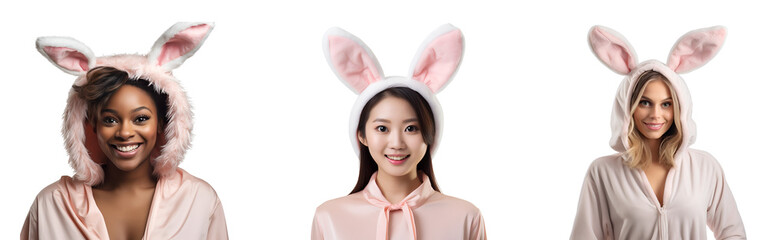 Group of cheerful women all set for Easter - Variety of females donned in Easter bunny outfits with rabbit ears, Isolated on Transparent Background, PNG