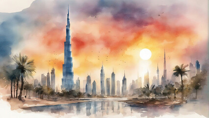 Obraz premium burj khalifa in watercolor painting