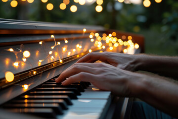 male hands of a person playing the piano pressing the keys. bokeh lights in the background. outside in the nature playing music instrument. - obrazy, fototapety, plakaty