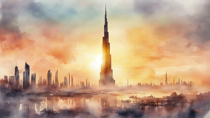 burj khalifa in watercolor painting - obrazy, fototapety, plakaty