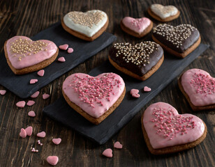 Obraz na płótnie Canvas Colorful pink brown heart shaped cookies with icing and sprinkles, valentine s day, sweet snack, love