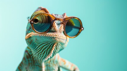 A chameleon donning stylish sunglasses, a funny portrait set against a vibrant blue background, embodying uniqueness and fashion-forward reptilian charm