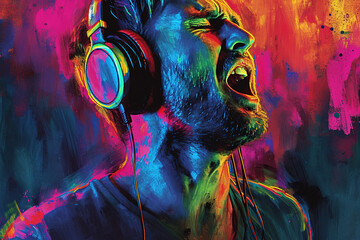 a man wearing headphones in neon colors. Hipster listening to music and singing. Enjoyment of life.